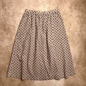 Vintage 70s Floral Polka Dot Print Midi Skirt Tan A Line Boho Retro Mod Hippie